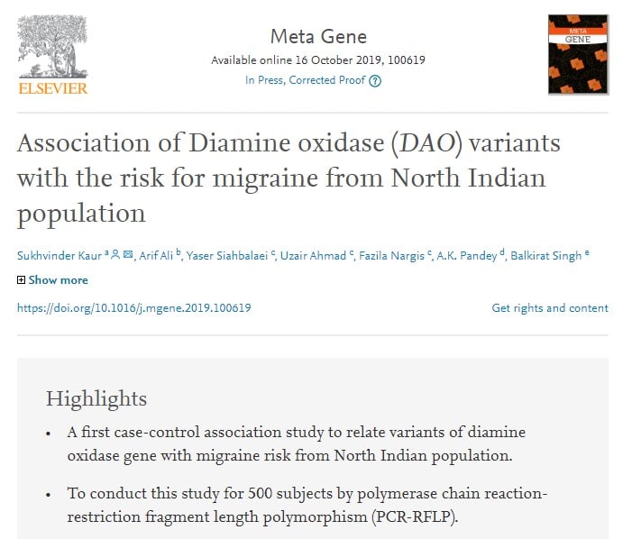 Association of Diamine oxidase (DAO) variants with the risk for migraine
